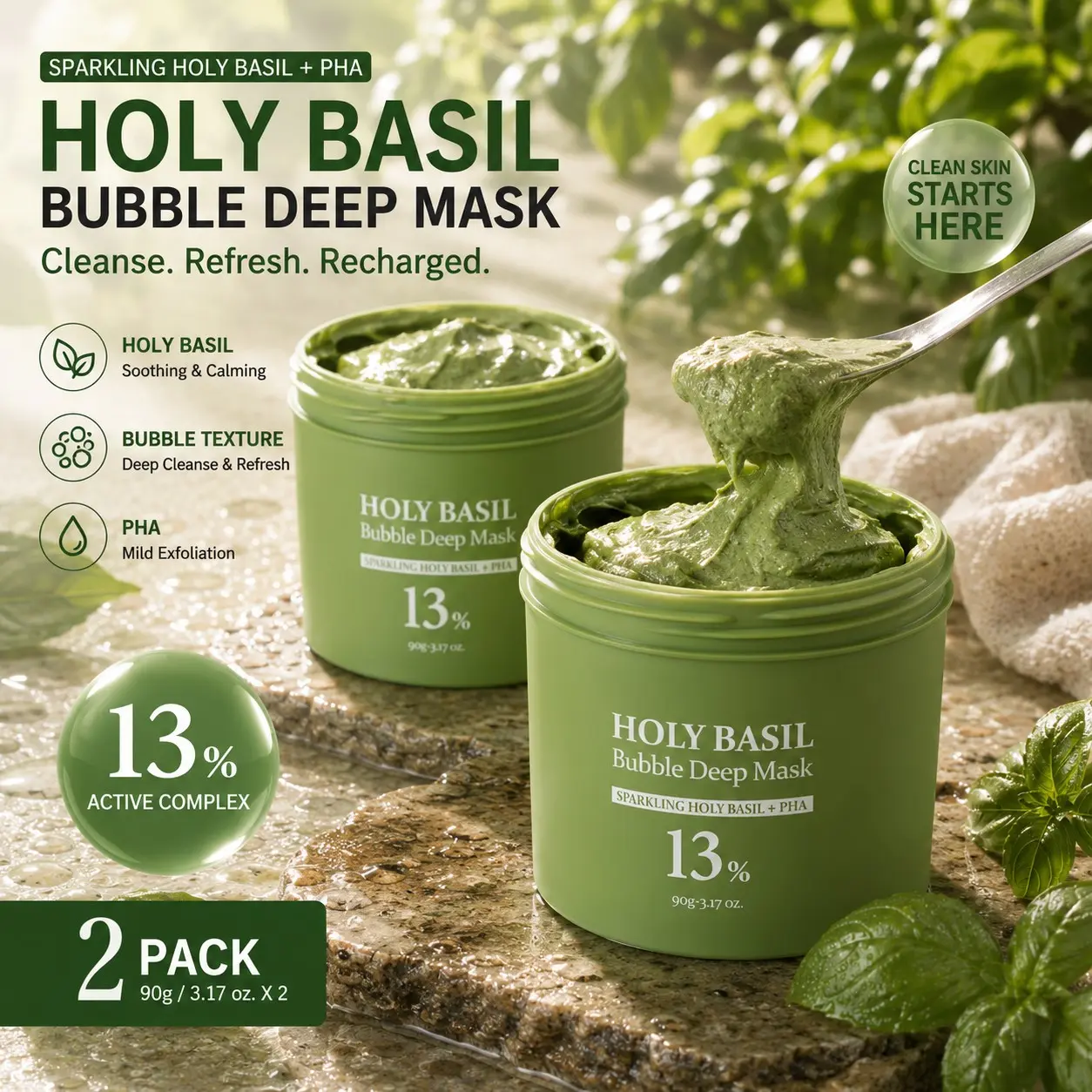 2 Pack 90g Holy Basil Bubble Deep Mask, Pha Clay Face Mask, Hydrating Moisturizing Skincare, Daily Facial Care for All Skin Types