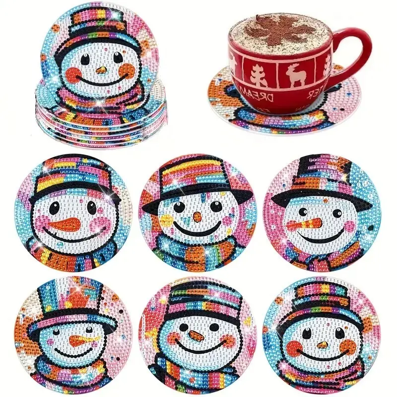 6 Piece Christmas Pattern Diamond Painting Wooden Coasters, DIY Creative Diamond Art for Home Decor, Festive Gifts, Fun Lifestyle Addition
