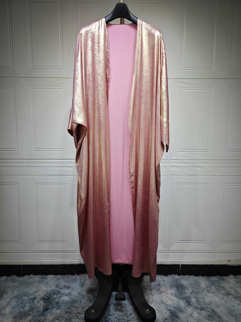 Women's Glossy Solid Batwing Sleeve Abaya without Hijab, Elegant Long Sleeve Open Front Abaya for Party Holiday Daily Wear, Islamic Abaya, Muslim Clothes for Women
