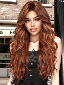 Long Ginger Water Wave Synthetic Wig, 24 Inch Heat Resistant Wig with Fringe, Natural Hair for Women, Daily, Festival, Halloween