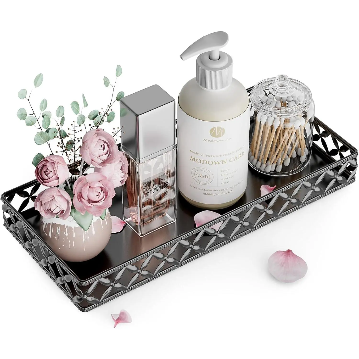 Tray for Bathroom Counter - 11" x 4.9" Metal Black Decorative Tray | Small Rectangle Tray, Non-Slip Bathroom Countertop Tray, Bathroom Organizer for Perfume Makeup   Soap