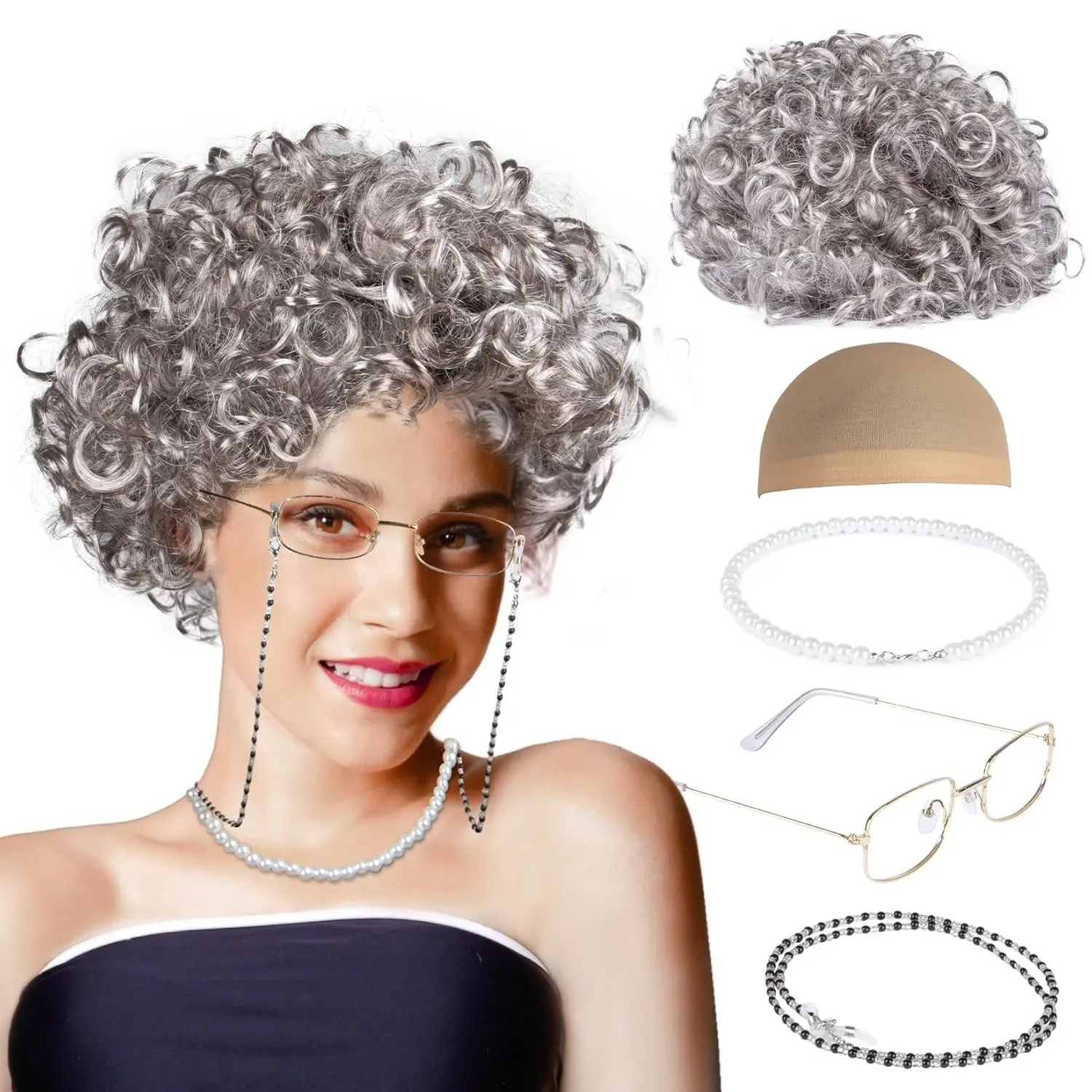 Granny Wig Set with Glasses Cap - Light Gray Old Lady Wig, Synthetic Elderly Woman Costume Accessories, Faux Pearl Necklace for Halloween Cosplay Funny Old Lady Party Outfit(Gift)