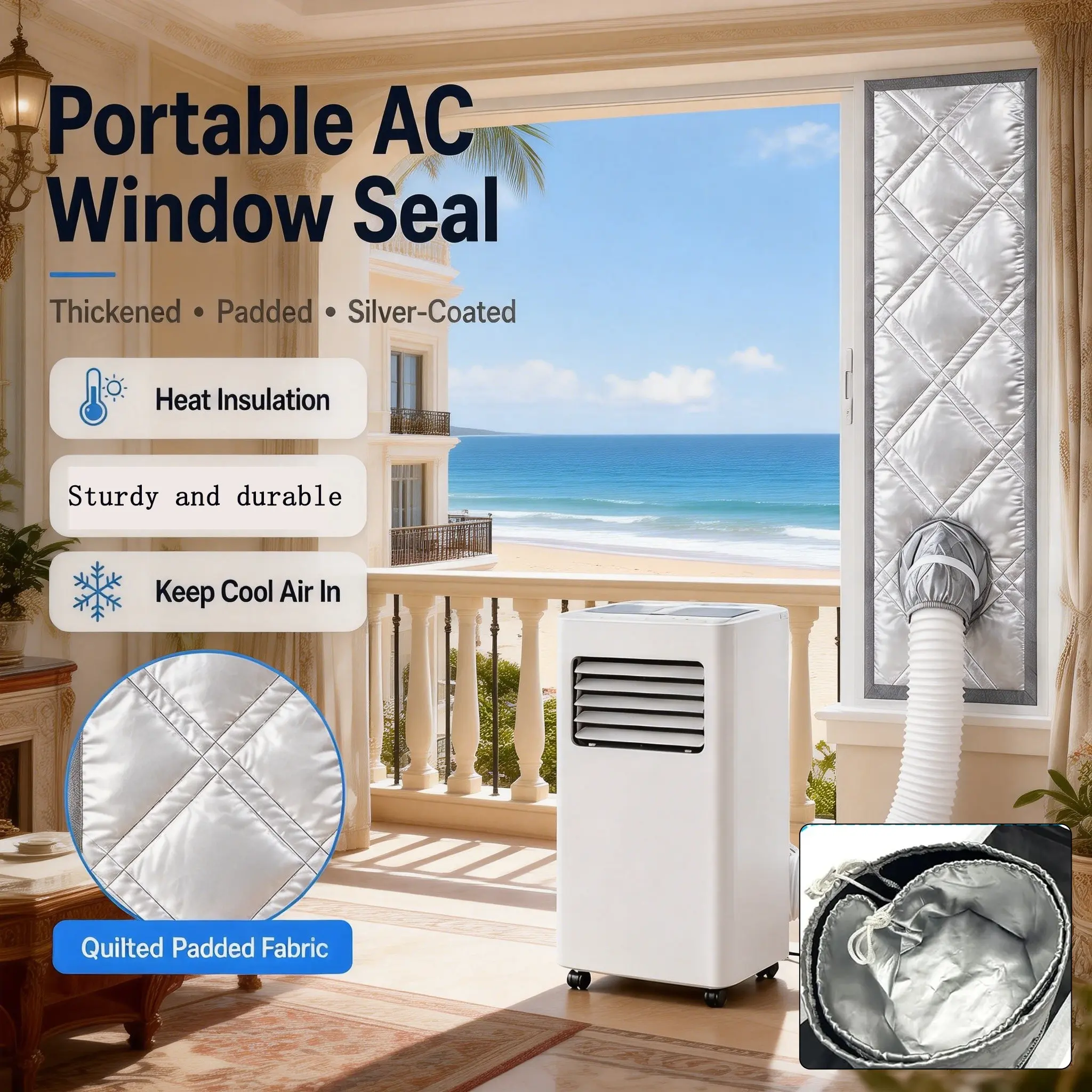 Thick Quilted Fabric Portable Air Conditioner Window Seal Strip, Silver Color Insulation Coating, Energy-Saving Ac Accessories