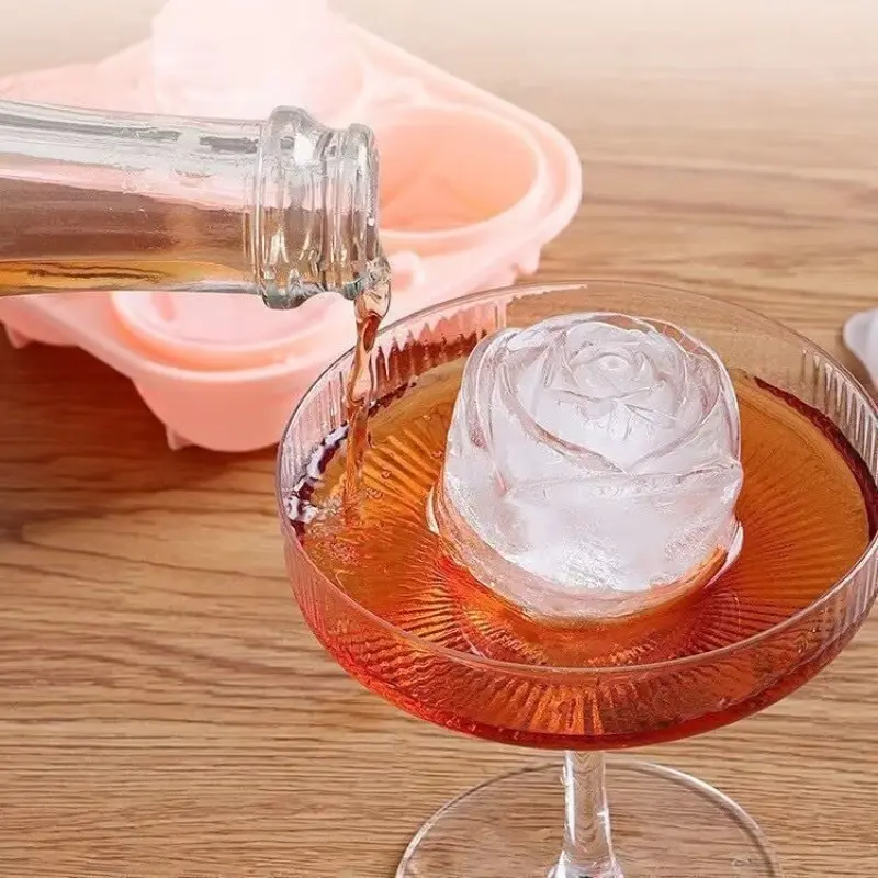 2-Pack Rose Silicone Ice Molds, Reusable Rose Shape Ice Trays, Food-Grade Leak-Proof Design, 4 Compartments, Essential Kitchen Tool
