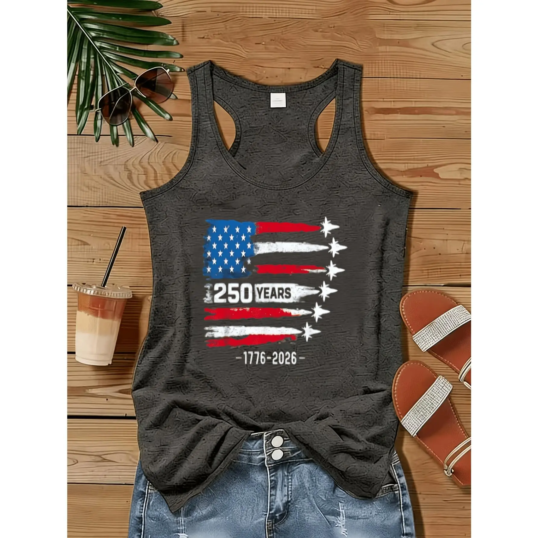 Women's USA Flag Sleeveless Racerback Vest - Round Neck, Medium Stretch Polyester-Cotton-Spandex Fabric, Soft, Fits Beach/Jeans, Machine Washable Patriotic Top for 4th of July, 250 Years Celebration