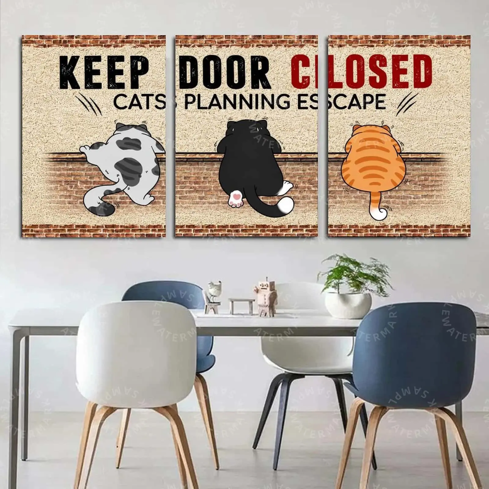 Funny Cat Wall Art Set of 3, Keep Door Closed Cats Planning Escape Canvas, Beige Cartoon Pet Poster, Living Room Decor, Bedroom Wall Art, Entryway Decor, Cat Lover Housewarming Gift