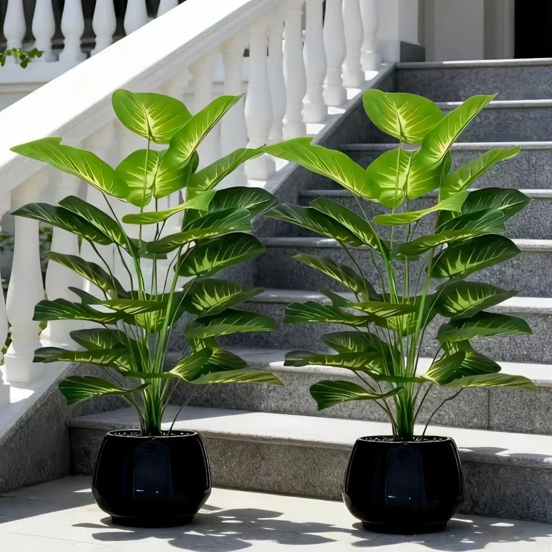 2pcs of Large Nordic Green Plant Potted Artificial Trees,Money Plant Leaves,Green Broadleaf Tropical Rainforest Decorative Trees