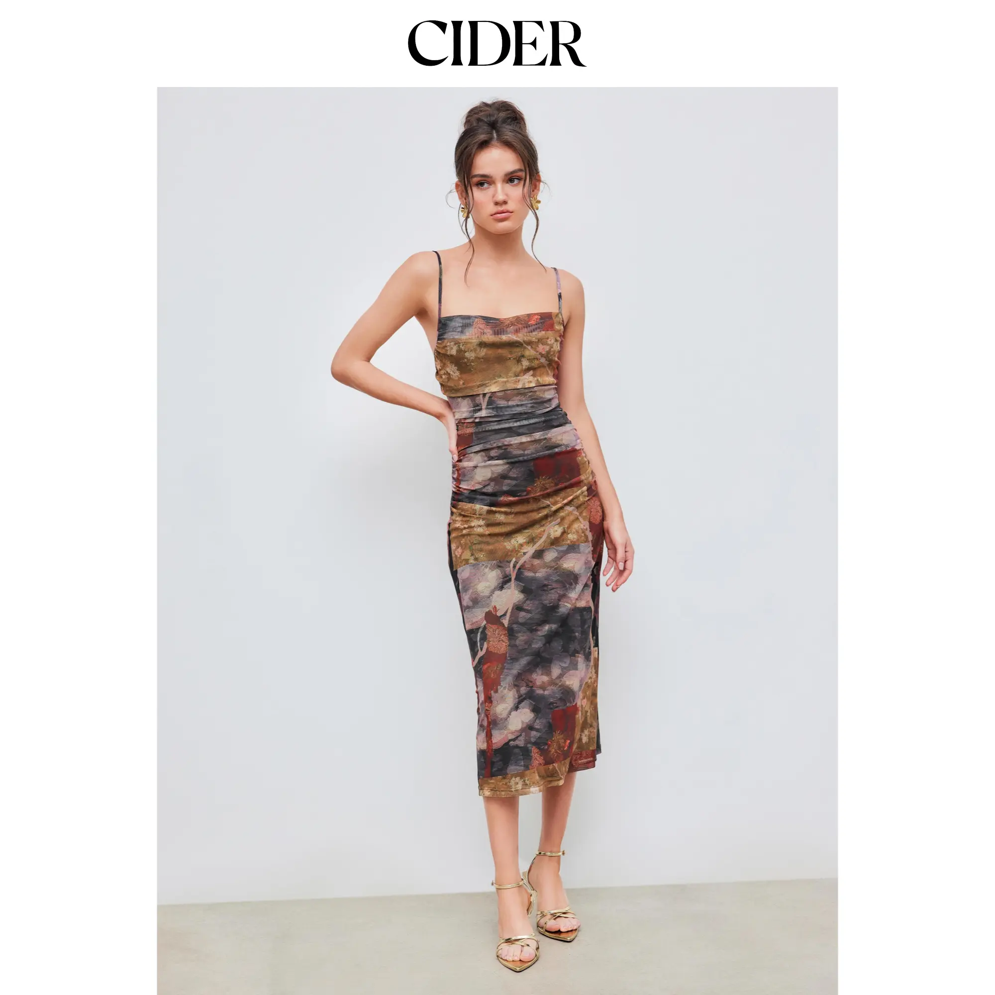 Cider [size 0-10] Mesh Cowl Neck Floral Ruched Cami Maxi Dress SummerFinds