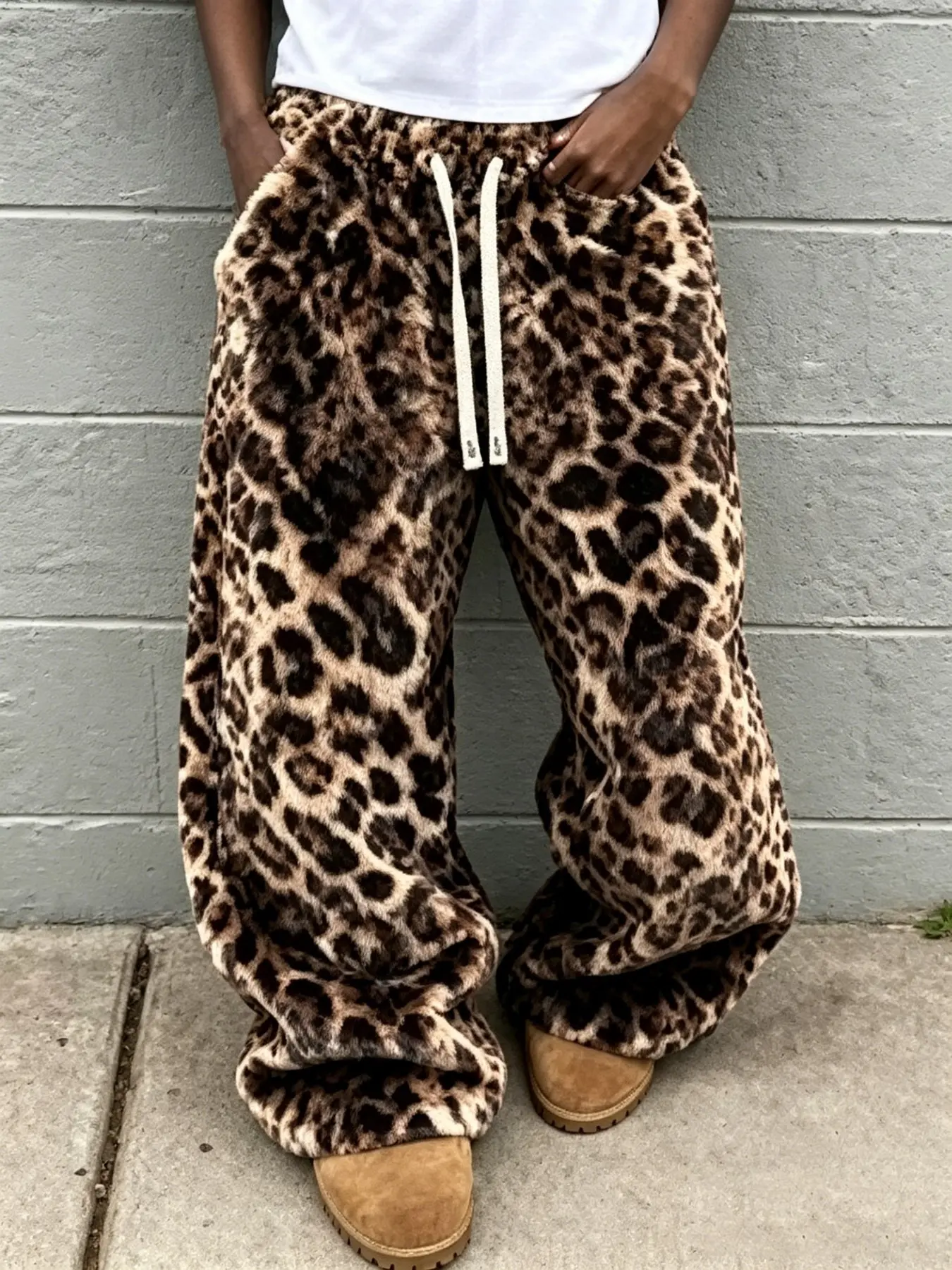 Wide Leg Street Style Pants, Casual Streetwear Pants, Leopard Pattern Fleece Long Pants, Leopard Print, Fashionable Trendy Design, Comfortable Wear, Suitable for Casual