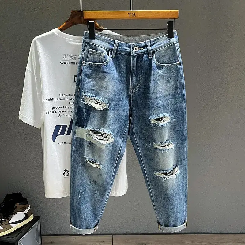Ripped Jeans Men's Pure Cotton Loose Harem Hole Denim Pants Fashion Hip-hop Rock Streetwear Autumn Ankle Length Trousers