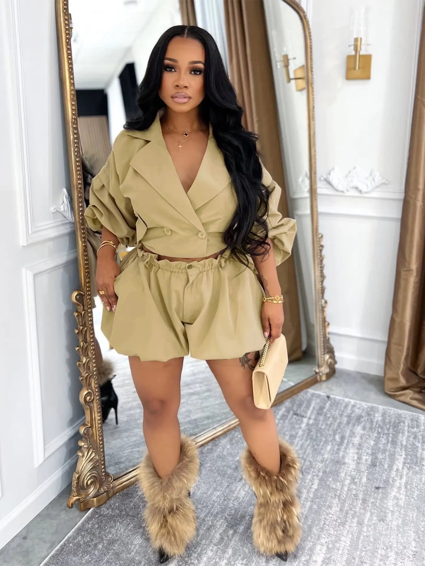 Two-Piece Tw841 Fashion Women's Minimalist Casual Loose Versatile Collared Crop Top Short Jacket and Waist-Cinch Shorts Set, Stylish and Comfortable