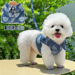 Denim-Style Dress with Harness And Leash for Small Dogs And Cats, Pet Outdoor Walking Outfit, Fits Teddy, French Bulldog, Husky