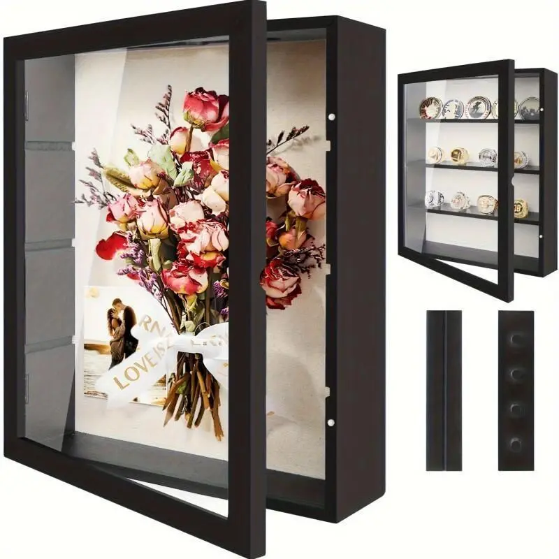 Large Rural Memorial Gift Display Box - Modern Square Design with 4 Detachable Tiers Shadow Frames, Linen Back, Suitable for Display Items Like Flowers, Championship Rings, Home Decor Photo Storage