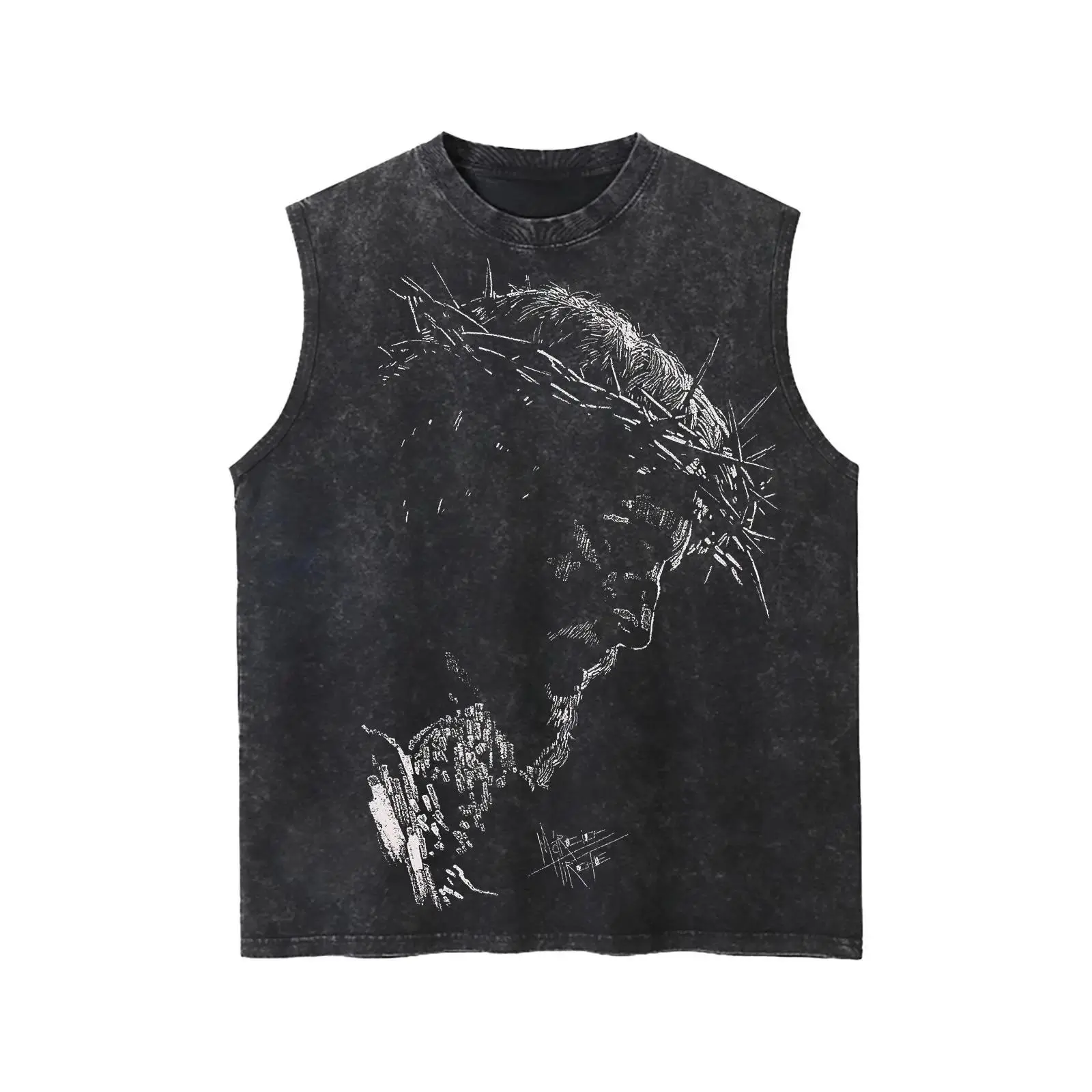 Men’s Sleeveless “Jesus Crown of Thorns” Tank Top | 100% Cotton Loose Fit Distressed Black | Retro Vintage Christian Art | Casual Spring Top