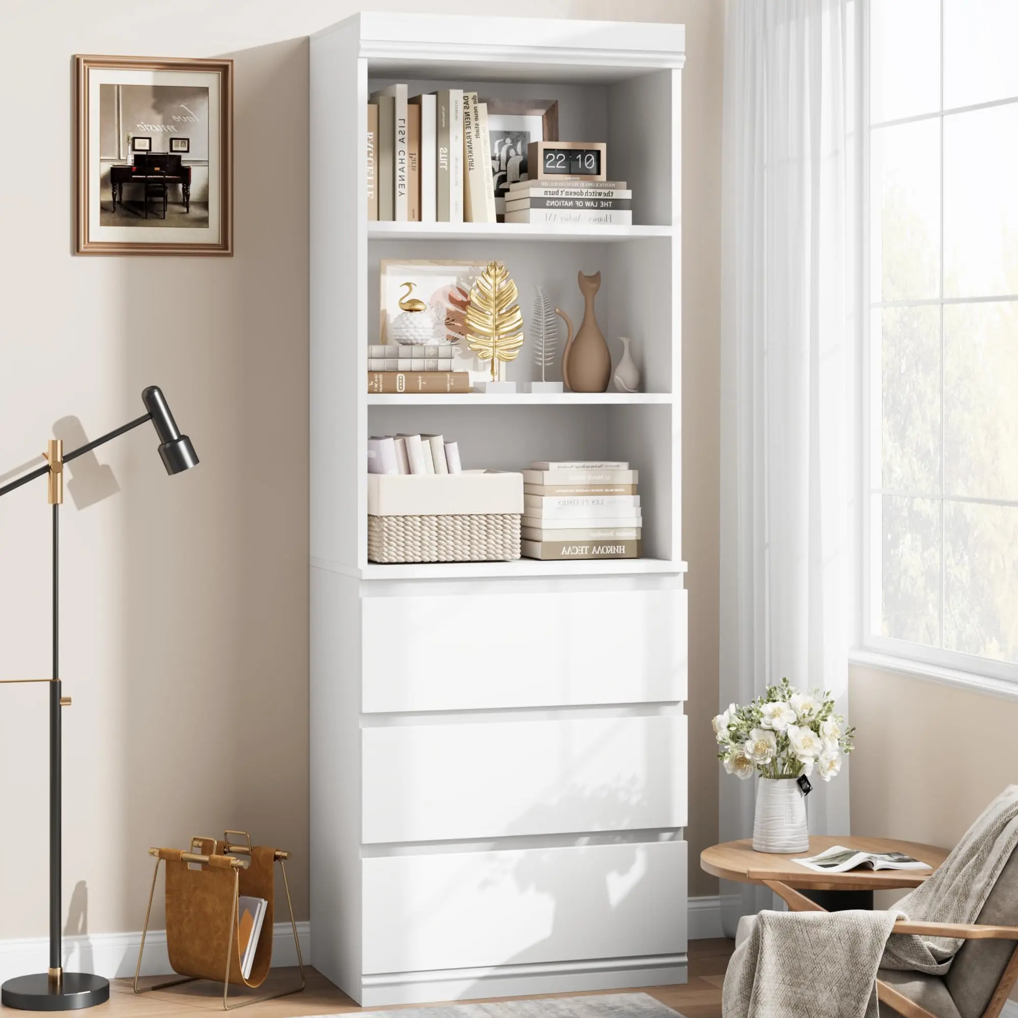 Garvee 70" Tall Wooden Bookcase with 3 Storage Drawers and 3 Open Shelves, Deep Farmhouse Style Bookshelf for Living Room, Office, Library, Kitchen, or Home Study, Available in Brown and Black Finish