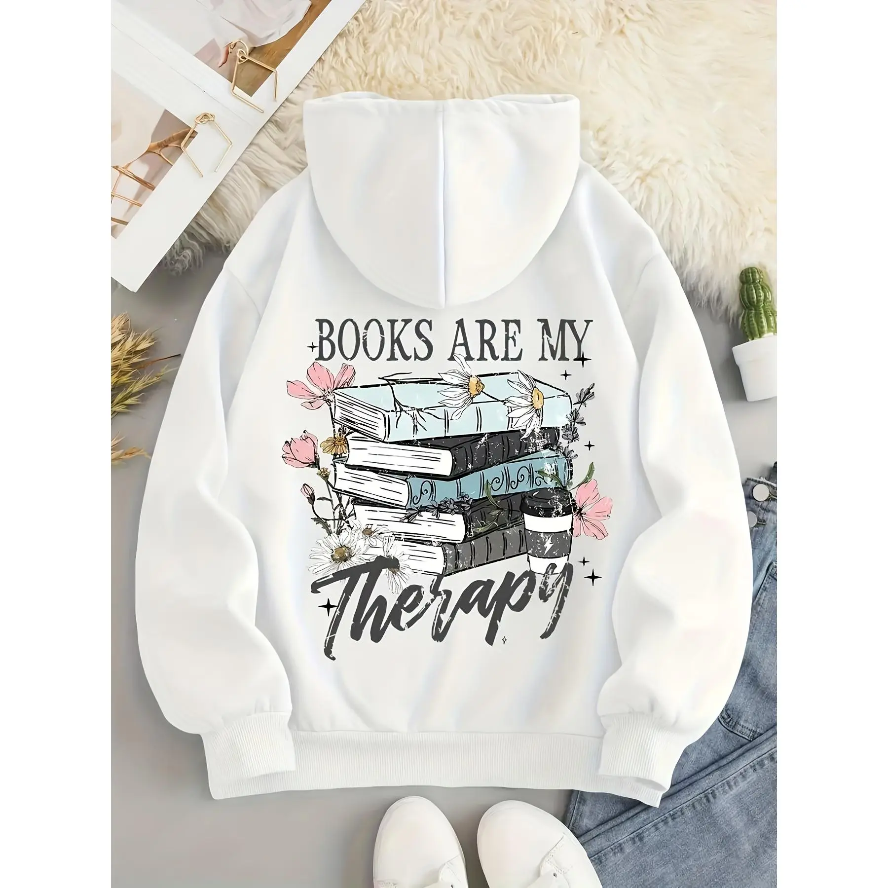 Books Are My Therapy Book Stack Floral Graphic Hoodie Vintage Reading‑Lover Hooded Sweatshirt Aesthetic Flower Book Coffee Print Streetwear Pullover Loose‑Fit Casual Outerwear
