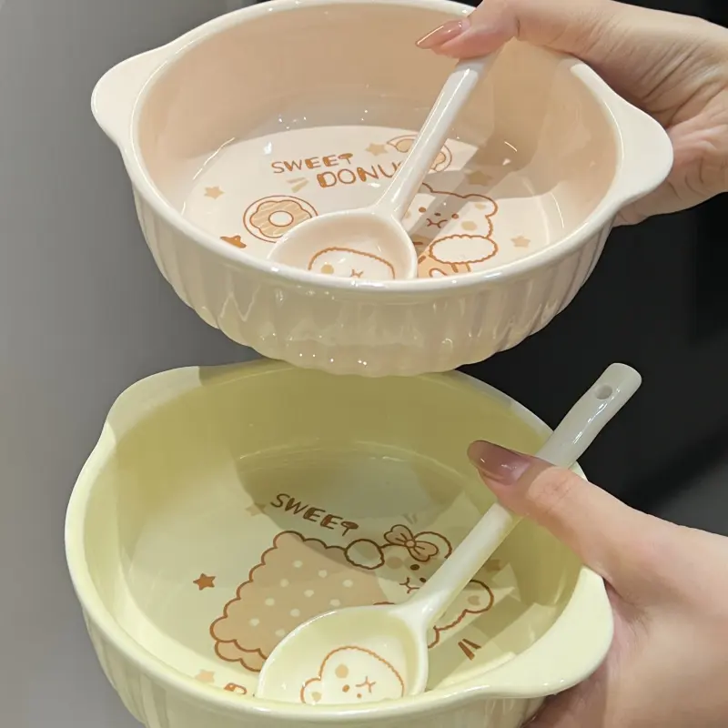 2 Sets Cute Ceramic Bowls with Two Handles and Spoon Large Capacity Soup Salad Pasta Bowls Oven Microwave Safe Dinnerware for Kitchen Salad Fruit Pasta Utensils Tableware Microwavable Bowls