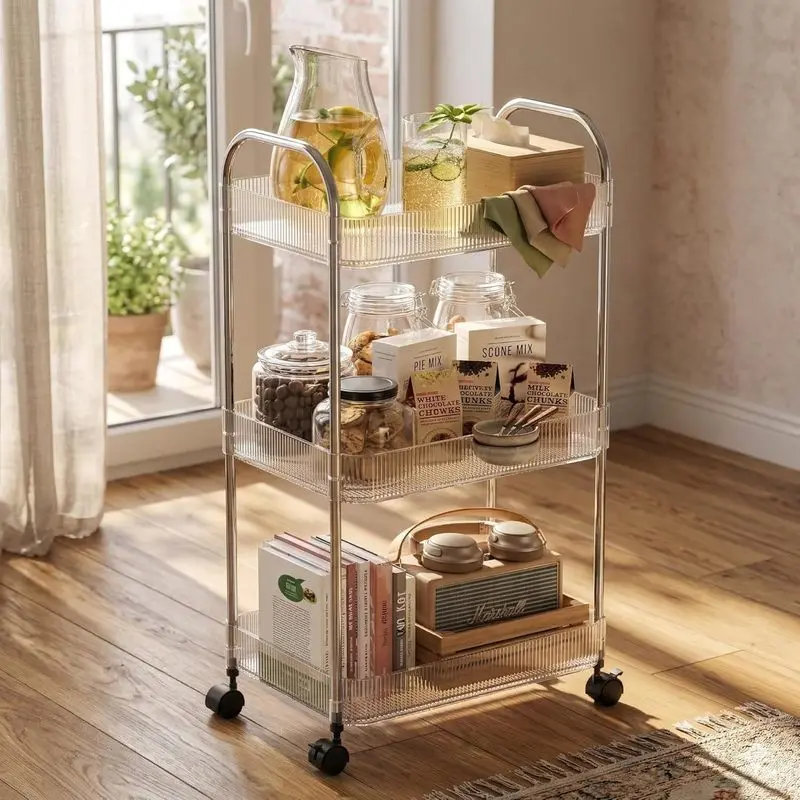3 Tier Rolling Cart with Lockable Wheels, Clear Acrylic Utility Trolley with Handle, Heavy-Duty Storage Organizer for Kitchen Bathroom Nursery Laundry - Snack Book Craft Organizer (Clear)