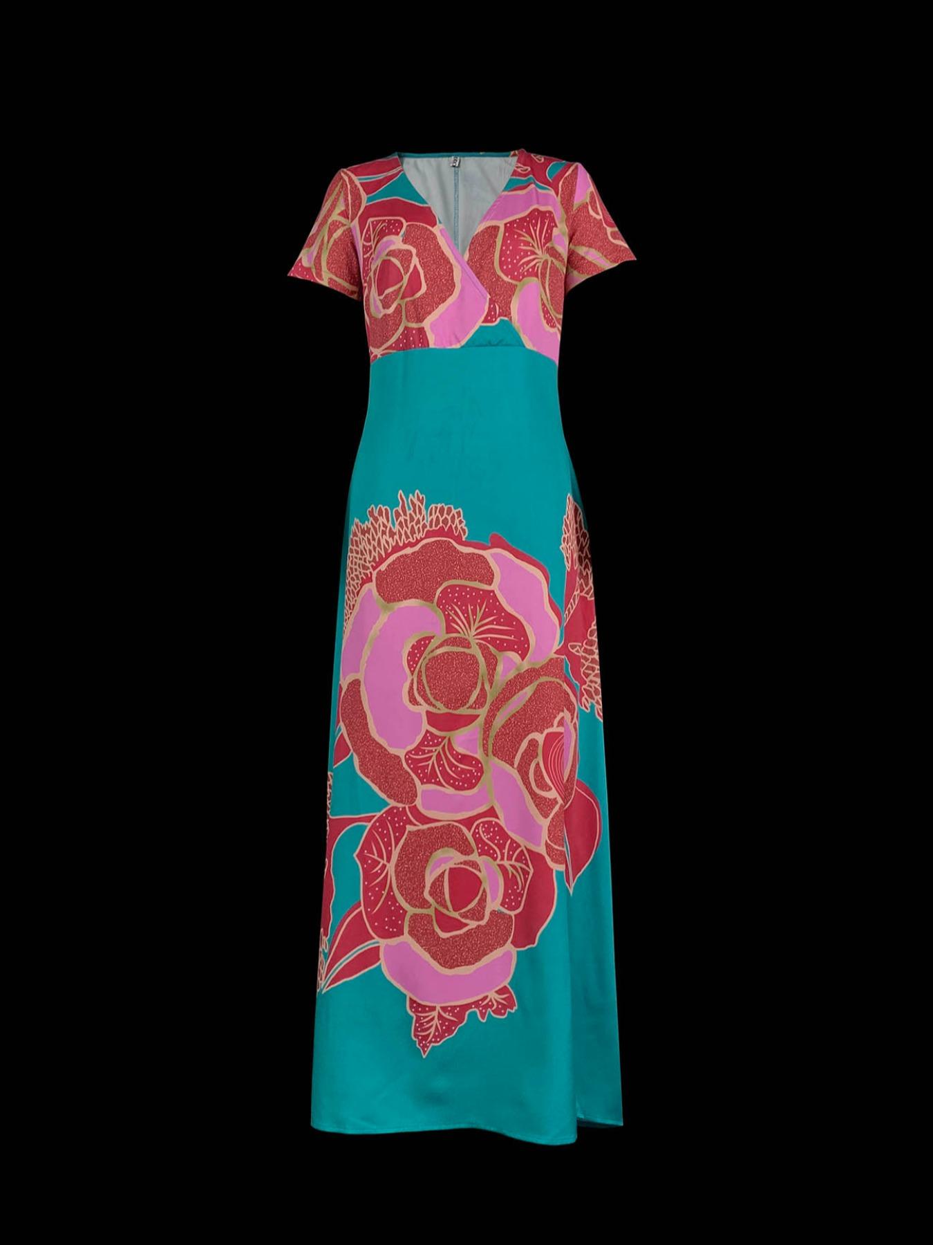 Women's Floral Print Wrap Deep V Neck A Line Dress, Elegant Classy Flattering Short Sleeve Pocket Maxi Dress for Party Holiday Wedding Guest, Ladies Summer Clothes