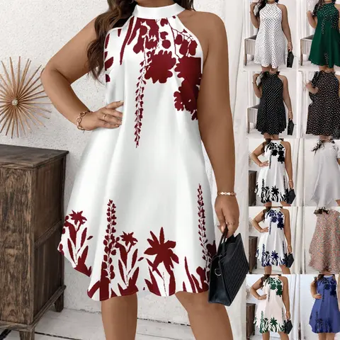 Women's Plus Size Summer A-Line Halter Neck Mini Dress - Casual Bohemian Sleeveless, Botanical Print, Backless Cut, Loose Silhouette, Polyester Blend, Cruise Outfits, Curvy Clothing, 2XL-5XL, Vacation Beach Wear