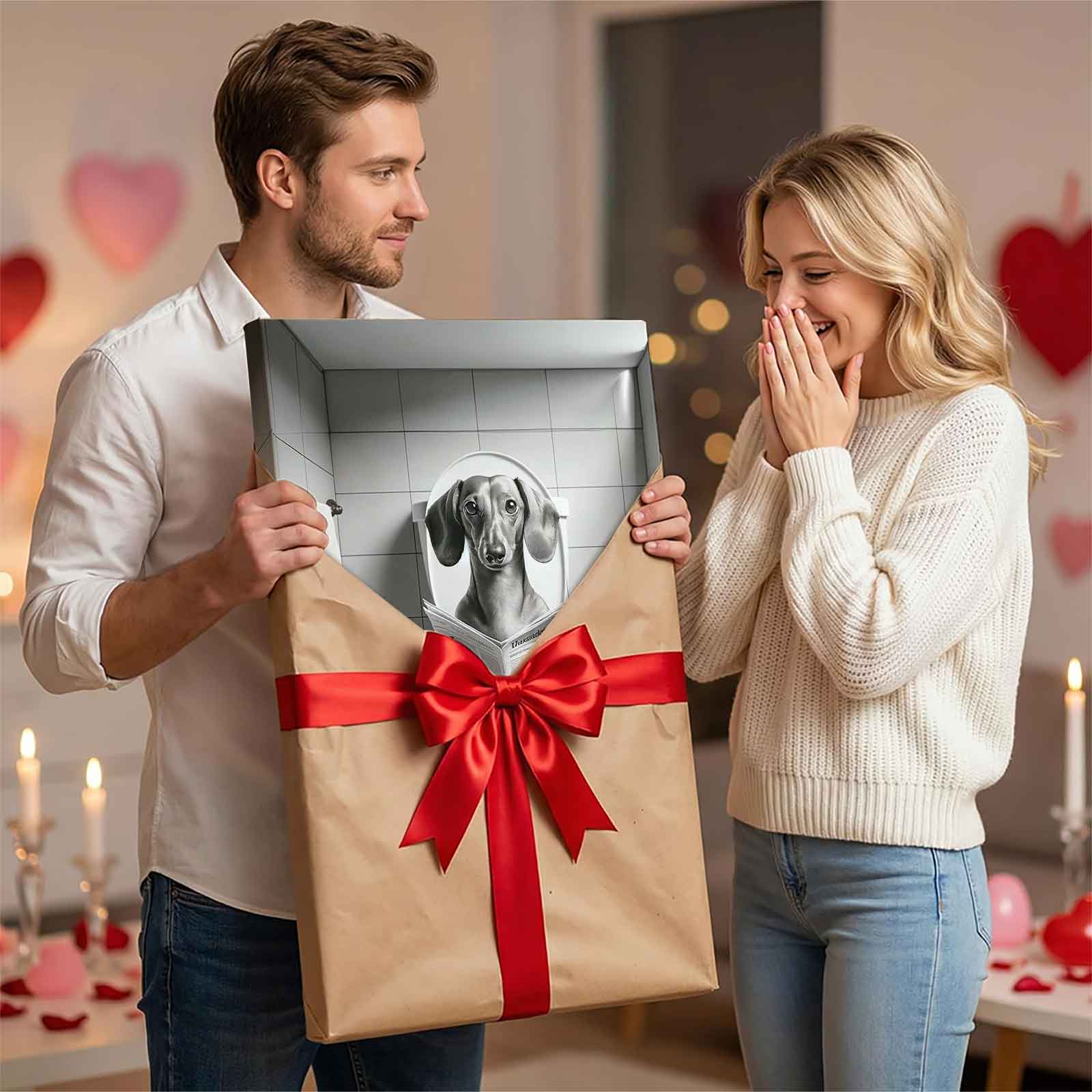 Black & White Dachshund on Toilet Reading Newspaper Canvas Wall Art, Funny Bathroom Decor, Humorous Dog Print, Unique Washroom Decoration, Gift for Dachshund Lovers