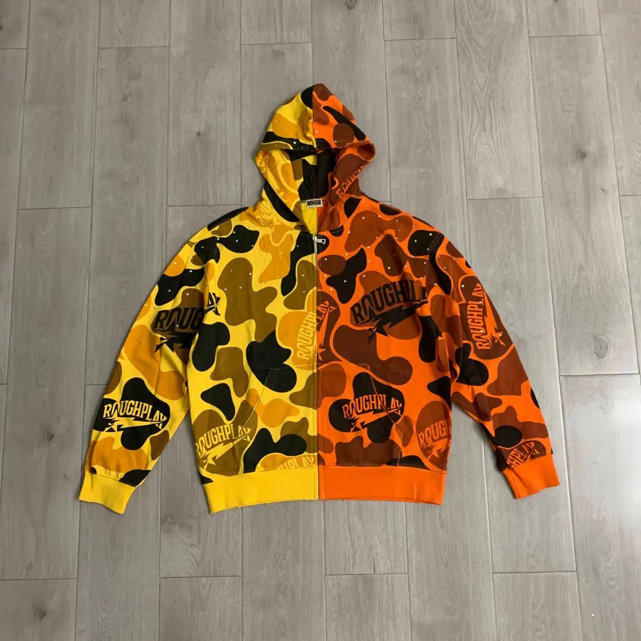 RoughPlay Camo Rhinestone Zip Hoodie, Patchwork Military Graphic Sweatshirt, Oversized Y2K Streetwear Jacket, Hip Hop Vintage Unisex Fashion