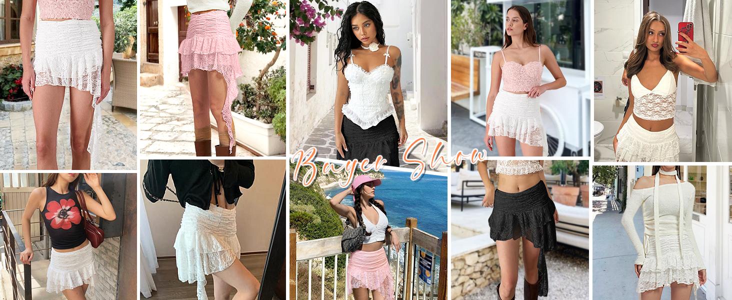 Women Y2K Lace Mini Skirt Low Rise Pleated Ruffle Short Layered Flowy Asymmetrical Fairy Half Slip Soft Breathable Stretchy Comfortable