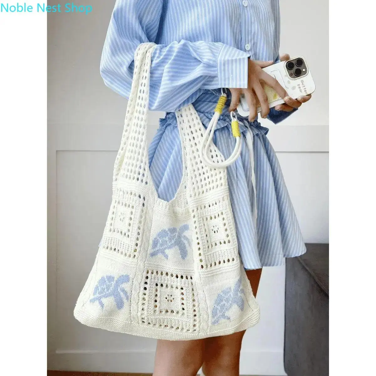 Women’s Handmade Crochet Turtle Tote Bag - Hollow Weave, Crochet Look, Lightweight Shoulder Bag for Travel, Daily Fashion Use, Study, Travel Use, Turtle Motif