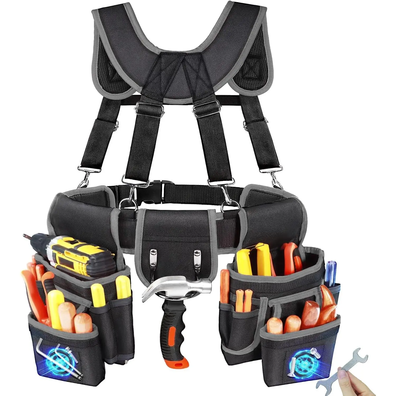 Tool Belt With Suspenders - Tool Belts with 18 Pockets, Tool with Detachable & 32"-66" Waist for Electricians, Carpenters, Framers, Construction,Black