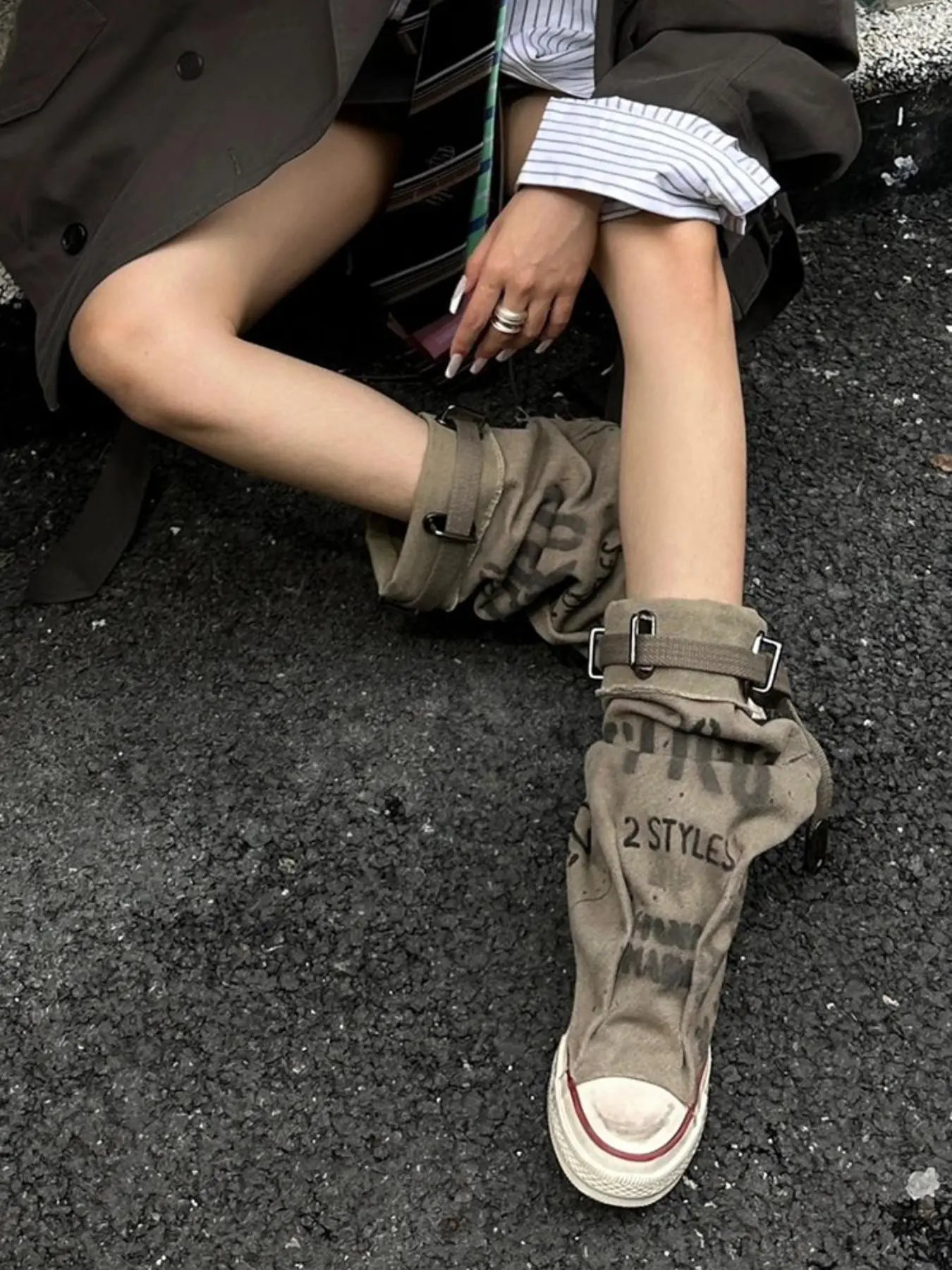 Women Distressed Canvas Stackable Mid Calf Boots, Vintage Y2K Street Style, Adjustable Buckle Straps, Printed Casual Fashion Boots