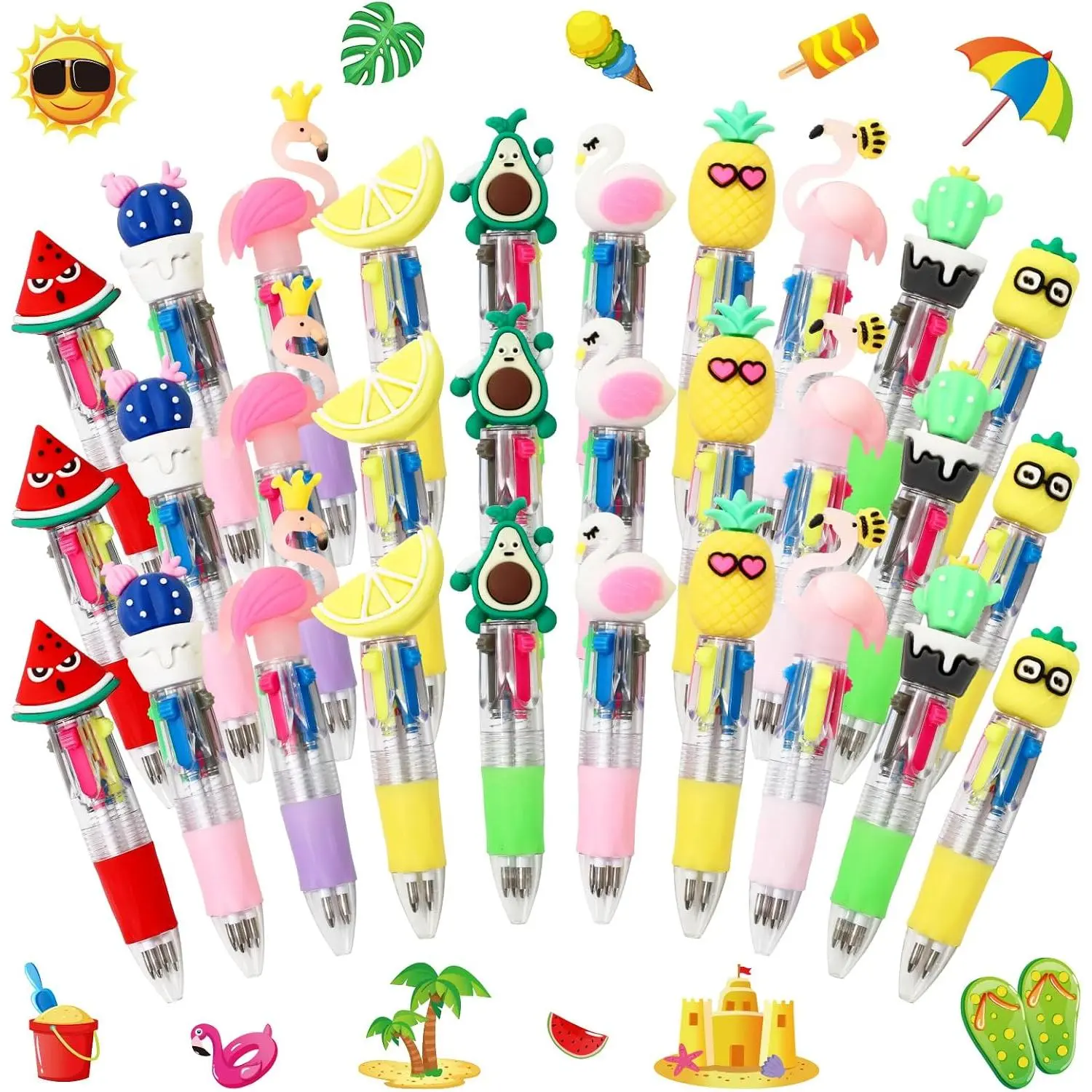 30 count Hawaiian Mini Multicolor Ballpoint Pens Cute Summer Style 4-in-1 Retractable Pen Bulk for Birthday Party Classroom Student Prizes Teacher Rewards