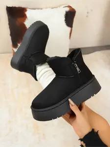 Lazy Side Zip Platform Ankle Boots, Full Teddy Fleece Lined Non-Slip Height Increase Women Winter Snow Boots