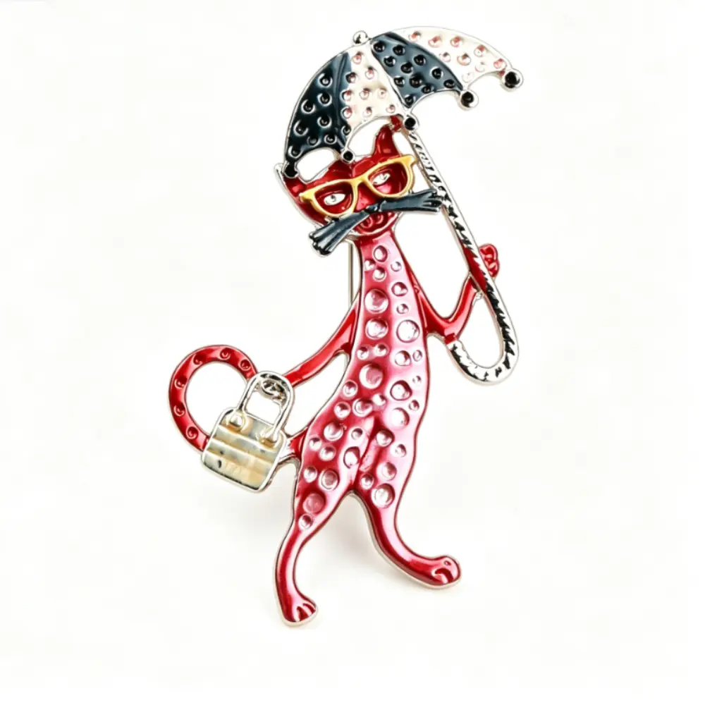 Pink Enamel Cat With Umbrella Handbag Brooch Unisex Cute Cartoon Lapel Pin Gift