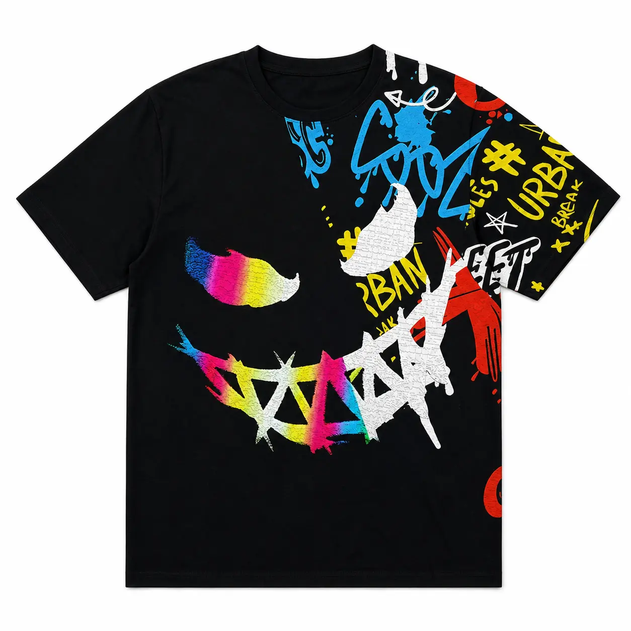 Men's colorful graffiti smile face with urbanlettering Graphic T-Shirt, Short Sleeve CrewNeck All Over Print Tee, Casual Statement Top,graffiti graphic shirt, streetwear tee, urban artT-shirt, punk style apparel, cool gift, EverydayWear