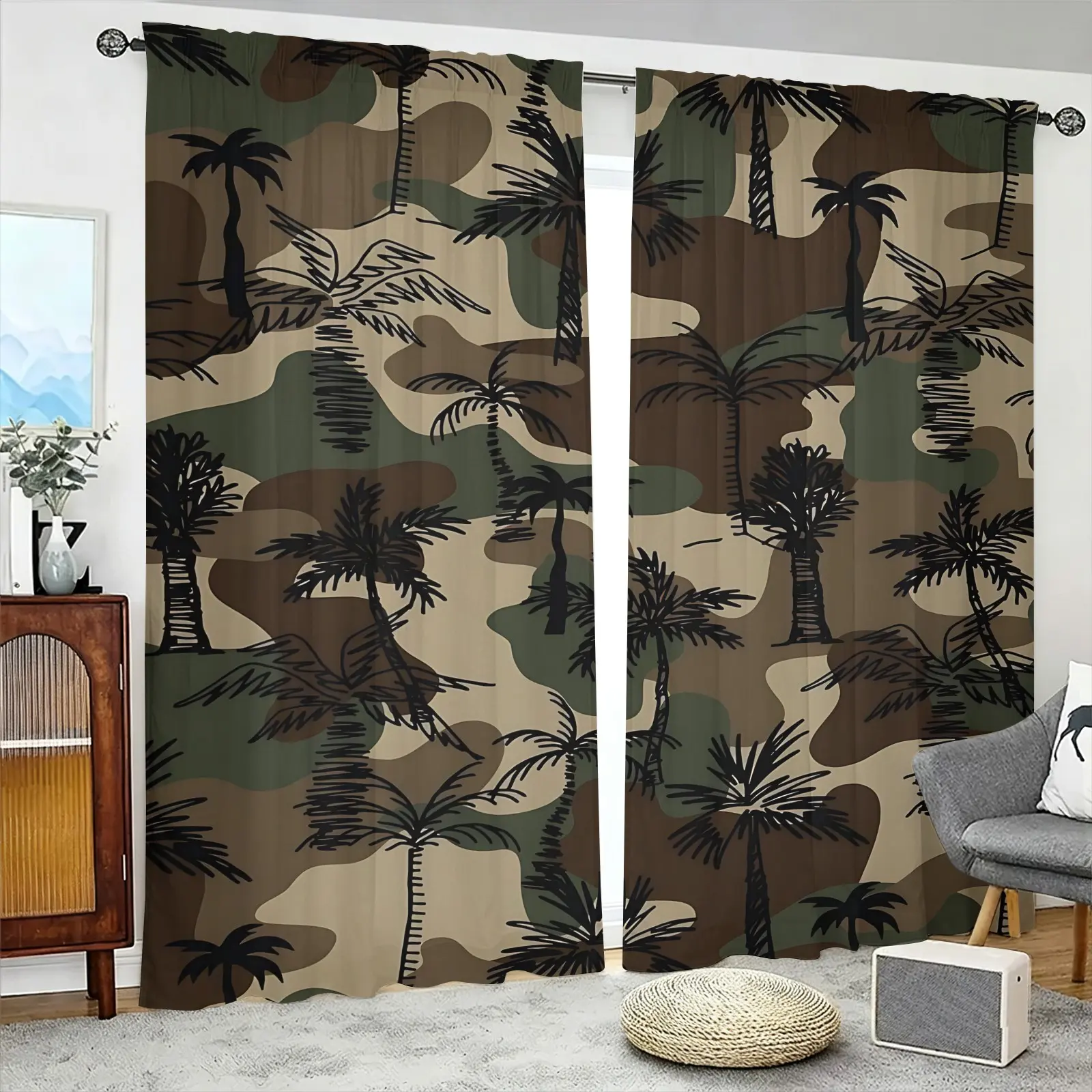 2 Pack Brushed Fabric Curtains, Camo Palm Tree Digital Print Window Drapes, Semi-Transparent & Fade Resistant, Through Rod Hanging Design, for Teen Boys Bedroom Living Room, Machine Washable
