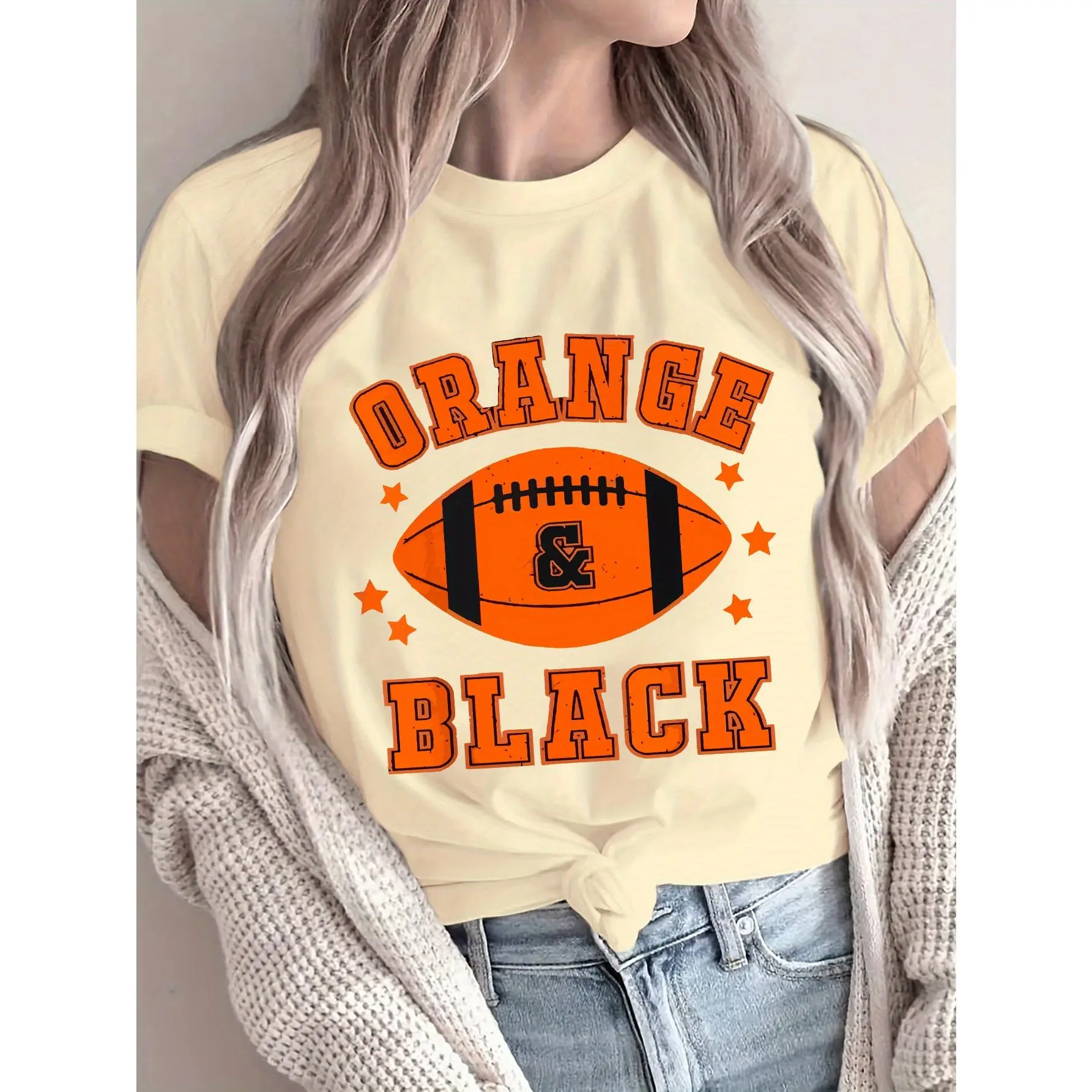 Short-Sleeved T-Shirt Featuring a Rugby Design in 'Orange' And 'Black', Casual Drop-Shoulder Summer Tee for Women