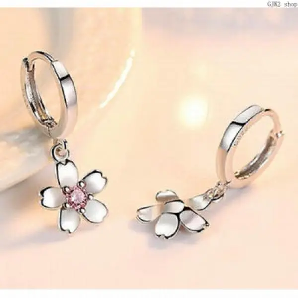 Women's 2.4cm Cherry Blossom Dangle Huggie Earrings - Pink Crystal Center, Antitarnish Coated Plated Metal, Long-Lasting Shine, Snap Clasp, Daily Wear Costume Jewelry
