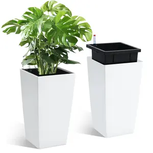 [fathers day gift]Set of 2 Tall Black Plastic Planter Pots – Modern Design with Self-Watering System, Drainage Holes, Water Level Monitor & Inner Bucket – Perfect for Outdoor & Indoor Plants on Front Porch, Patio, or Garden – Includes 16 in & 23 in Sizes