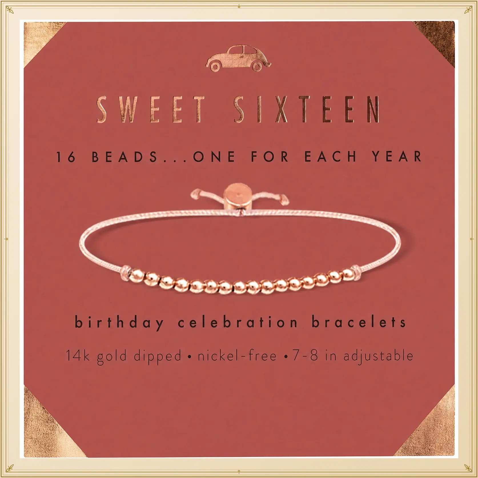 Sweet 16 Birthday Bracelet Gift for Girls - 16th Birthday Gifts for 16 Year Old - Adjustable Cord Bracelet in Silver, Gold, Rose Gold DippedGift