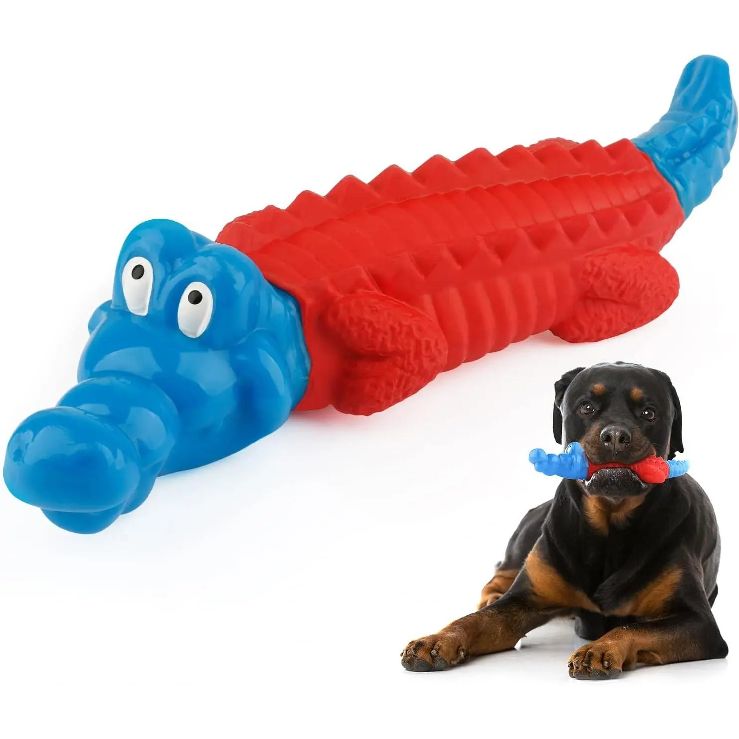 Non Squeaky   Toys for Aggressive Chewers, Tough Nylon & Rubber   with Real Beef Flavor, Durable    for Medium Large Breeds, Red and Blue