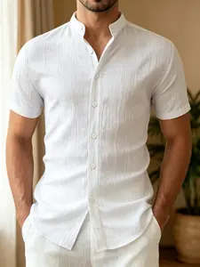Men's Stand Collar Short Sleeve Shirt, Lightweight Solid Color Casual Top, Summer Slim-Fit Unlined Plain Surface Clothing