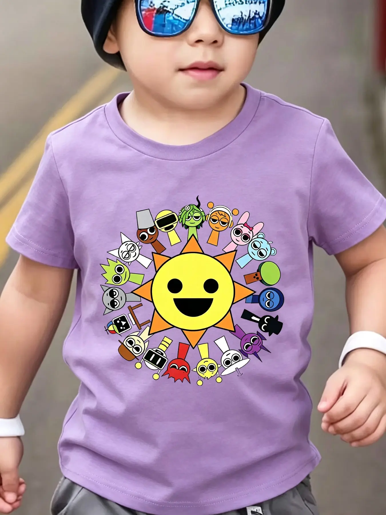 Sprunki Sun All Characters Print Boys Black Short Sleeve Tee, Cute Circle Character Design, Perfect For Kids School & Summer Outings#Boys Summer Clothes #Sprunki Cartoon Kids Tee #Game Print T shirt #Kids Daily Tops
