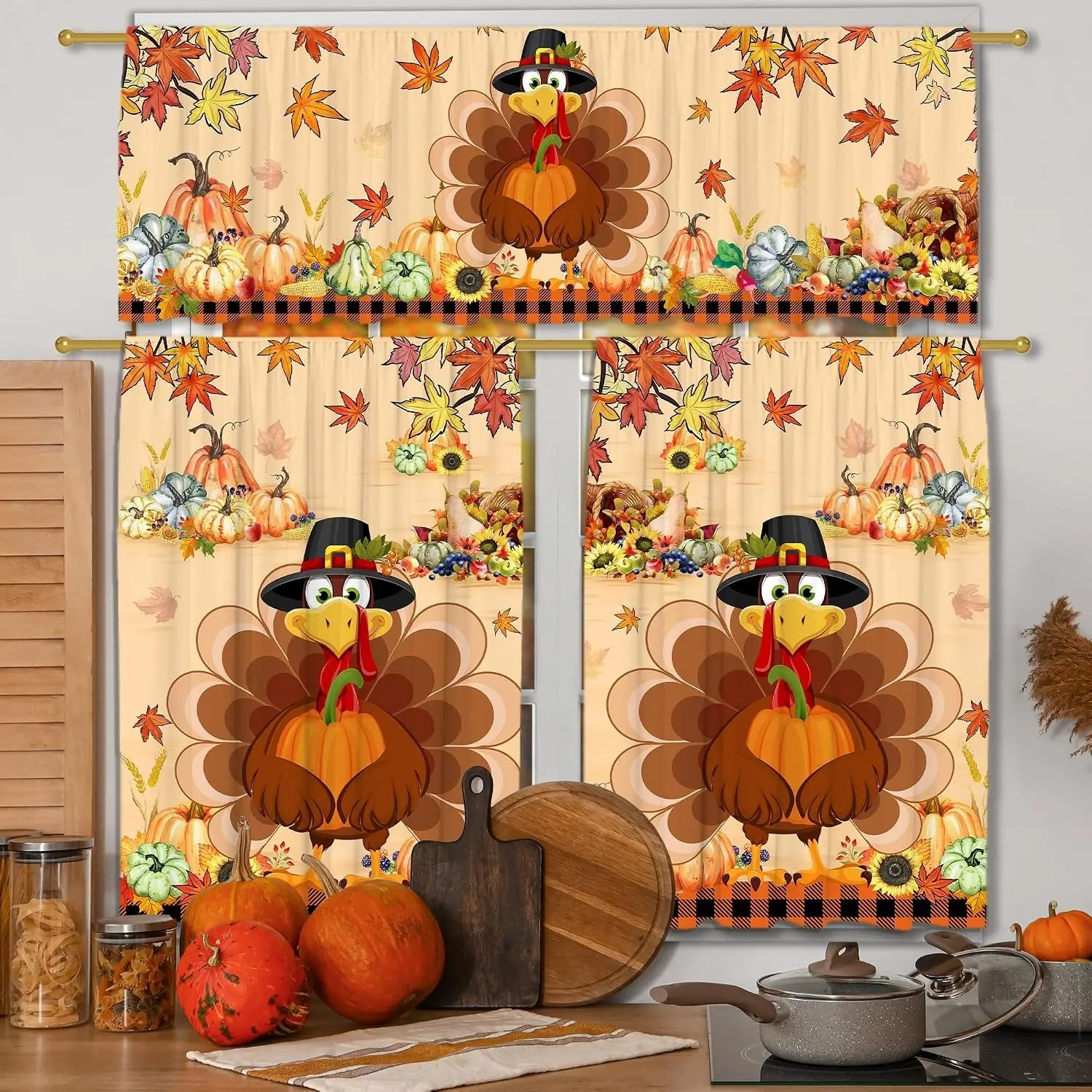 3 Pcs Thanksgiving Kitchen Curtains for Windows, Thanksgiving Decorations Turkey Valances, Thanks Turkey Curtains and Valances Set Harvest Decor for Cafe Living Room