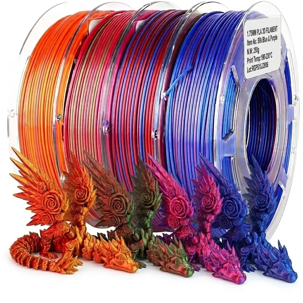 3D Pla Filament 1.75mm, Tricolor Bundle, Rainbow Silk Set, 250g X 4 Spools, High Precision +/-0.02mm, Ideal for 3D Printing Pens