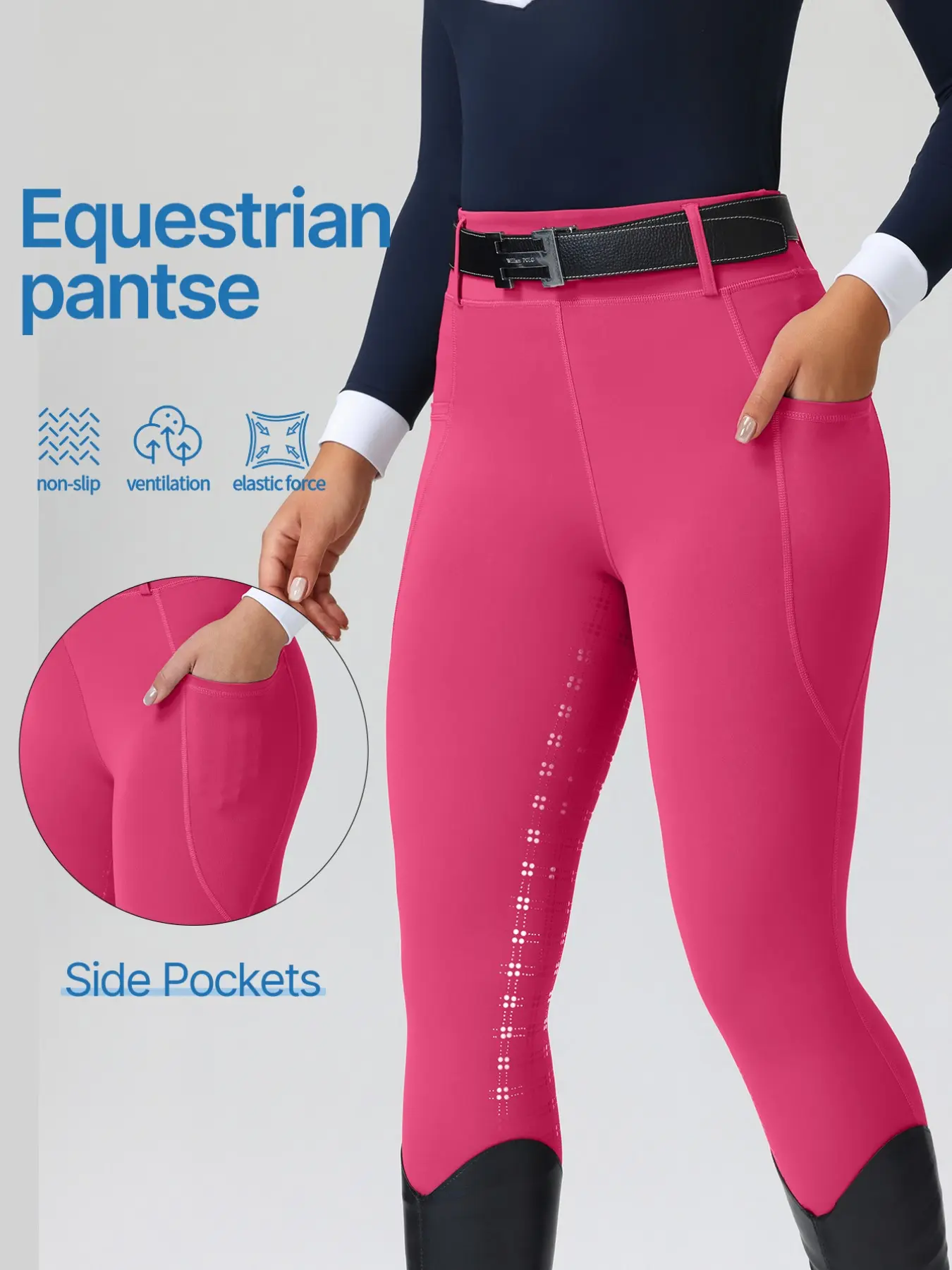 Women's Equestrian Pants with Side Pockets, Elastic Waist, Non-Slip Silicone Material, Ventilation, High Elasticity, Elastic Force, Quick-Dry, Professional Riding Gear