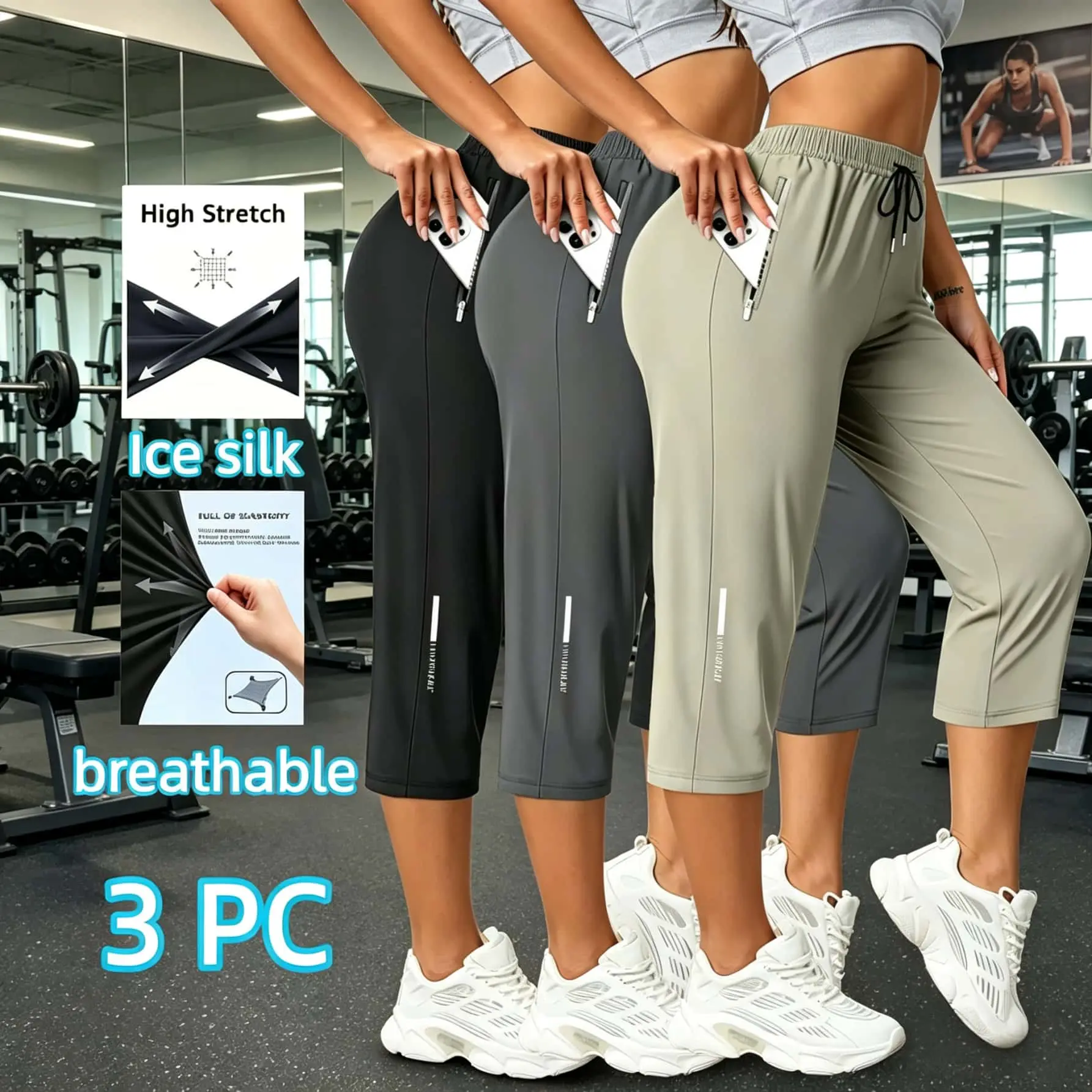 3-Pack Women’s Ice Silk Capri Pants – High Elastic Quick-Dry Cropped Pants with Zipper Pockets, Lightweight Loose Fit Athletic Lounge Pants for Yoga, Running, Fitness & Daily Wear