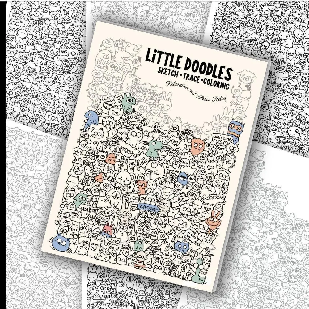 30sheets/60 pages Little Doodles Coloring & Tracing Book, A4 Cute Pattern Sketch Book, Stress Relief Drawing Practice Book for Relaxation, Concentration & Hand-Drawn Creations, Perfect for Kids & Adults