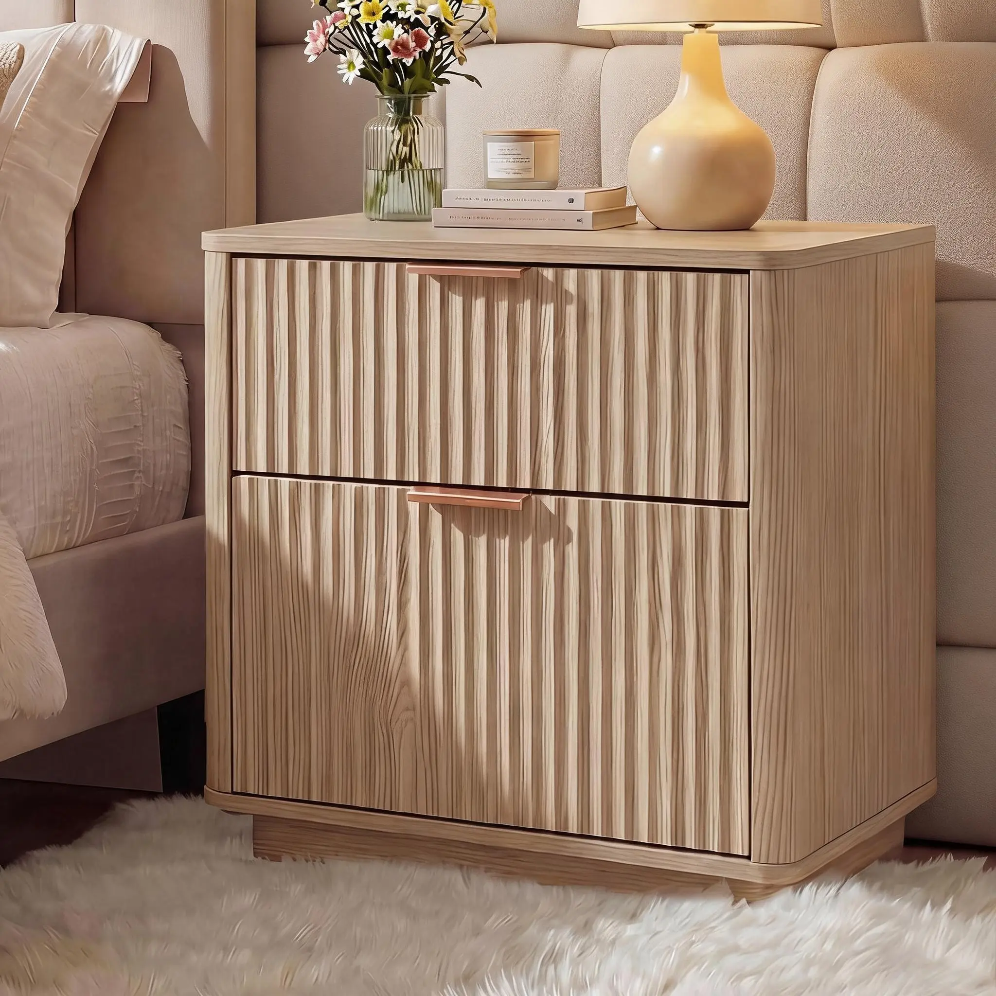 23-Inch Fluted Texture Engineered Wood Bedside Table - Modern Mid-Century Drawer Equipped Nightstand with Curved Front, 2 Drawers, Metal Handles, Charging Station for Bedroom, Living Room