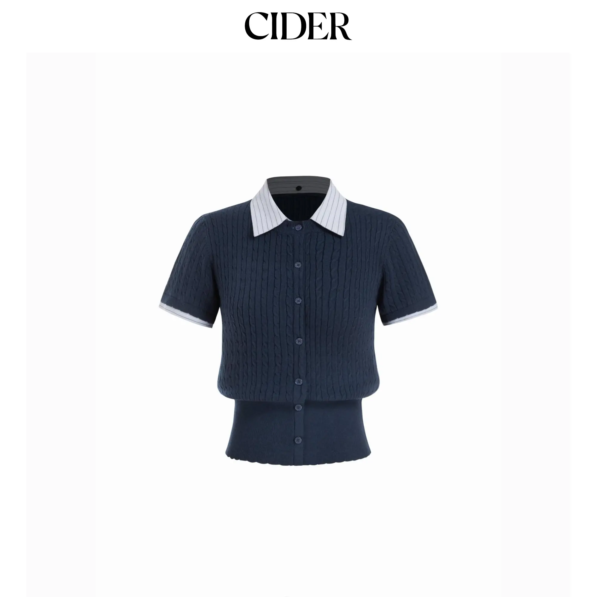 Cider Cable Knit Contrast Stripe Polo Neck Button Through Short Sleeve Cardigan