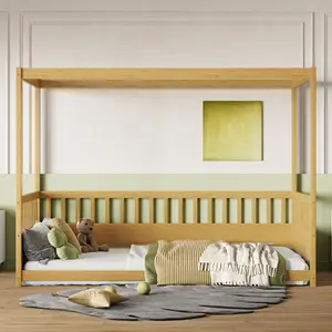 Twin Size Natural Pine French Montessori Canopy Floor Bed, Rectangular 21.45In Three-Side Solid Guardrail DIY Curtain Decor High Stability No Box Spring Kids Bedroom Play Bed Easy Assembly